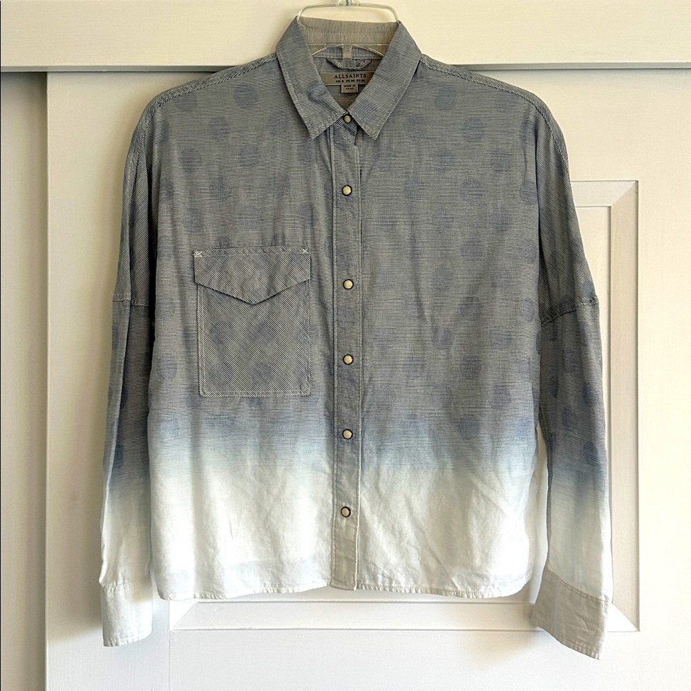 All Saints button up shirt top navy white striped polkadots XS